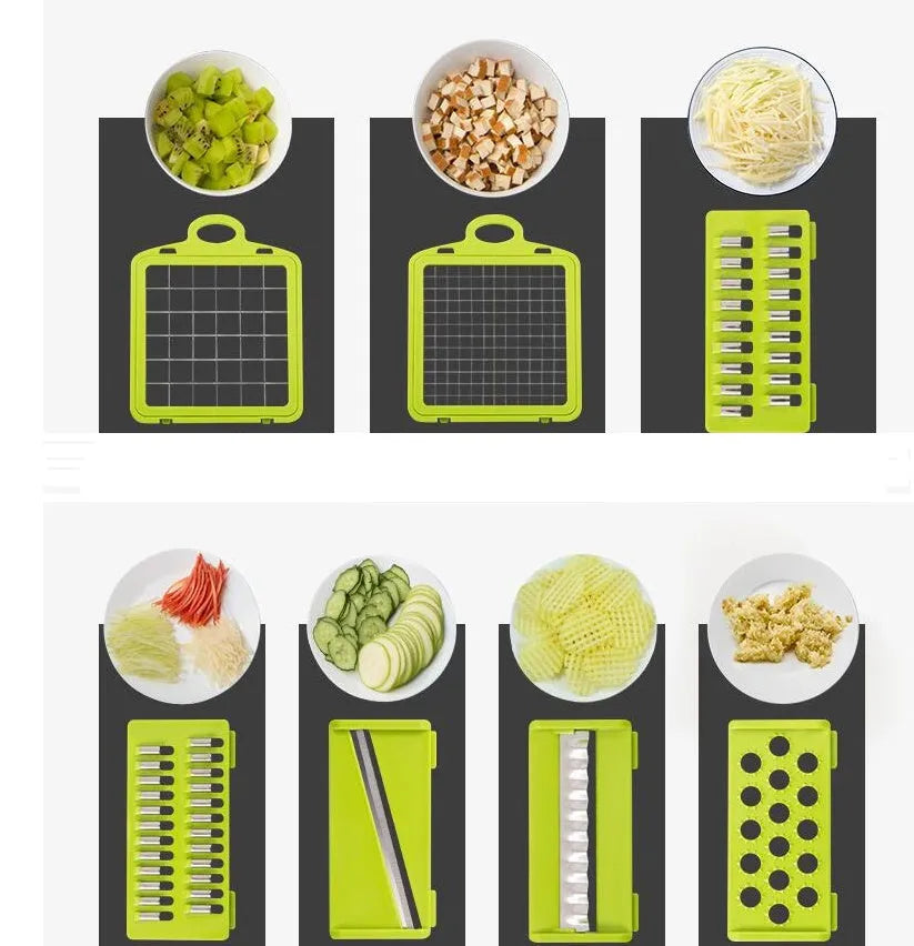 Multifunctional vegetable cutter with seven stainless steel blades on a kitchen counter