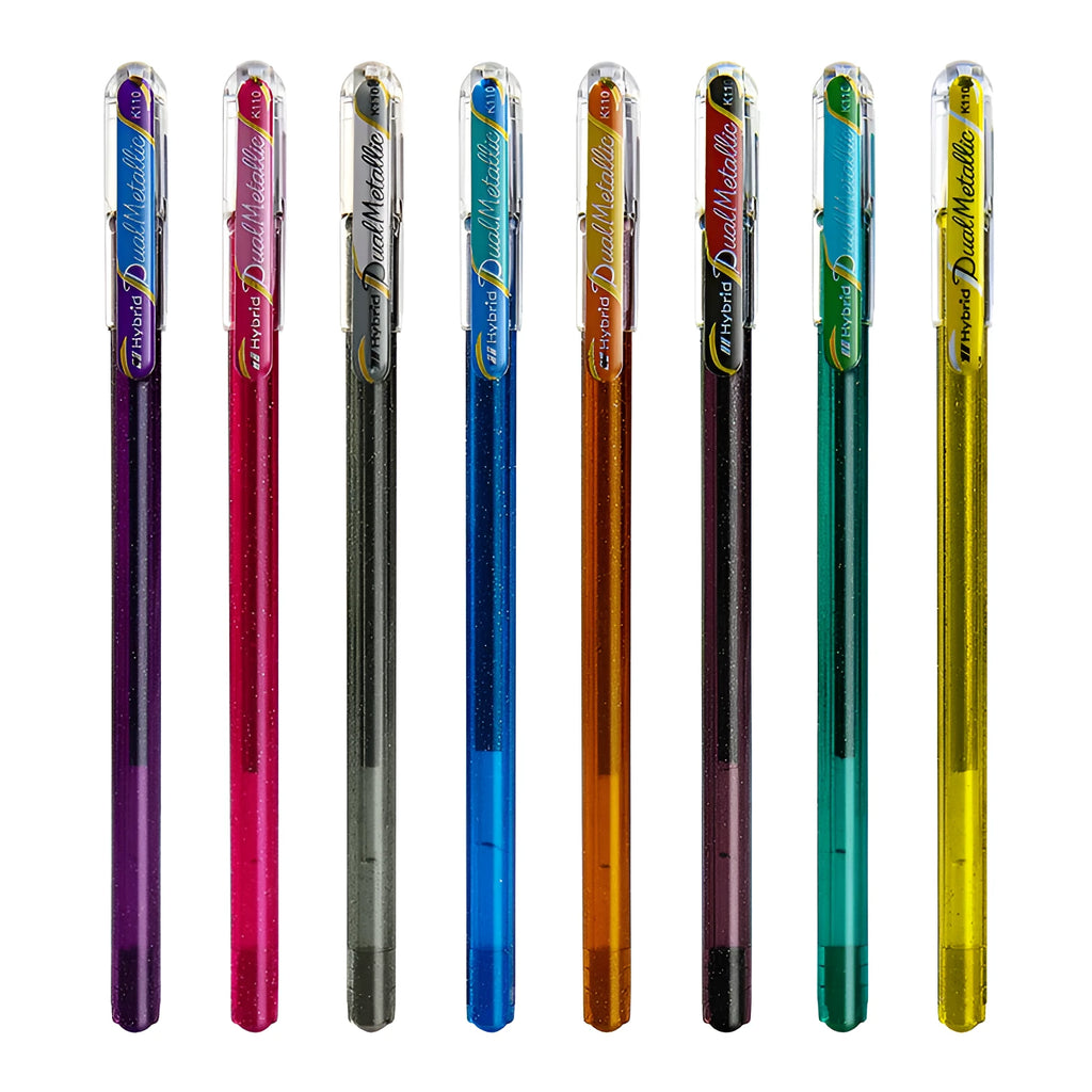 Flash 1.0mm glitter gel pen in multiple colours showing metal barrel and pearlescent ink.