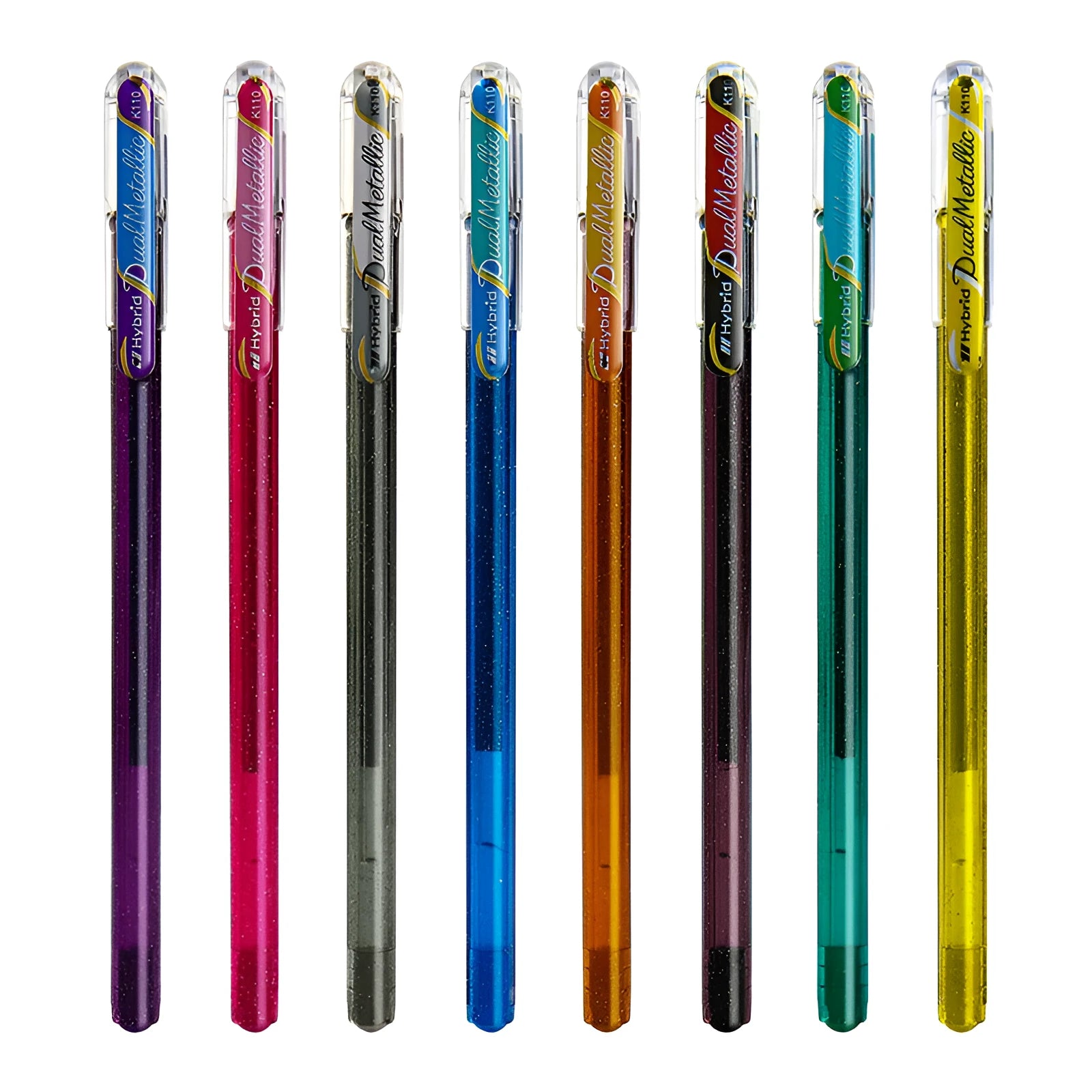 Flash 1.0mm glitter gel pen in multiple colours showing metal barrel and pearlescent ink.