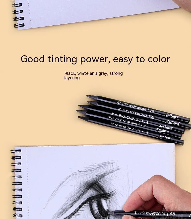 Six graphite sketching pencils in wood-free full lead design with HB 2B 4B 6B 8B EE grades