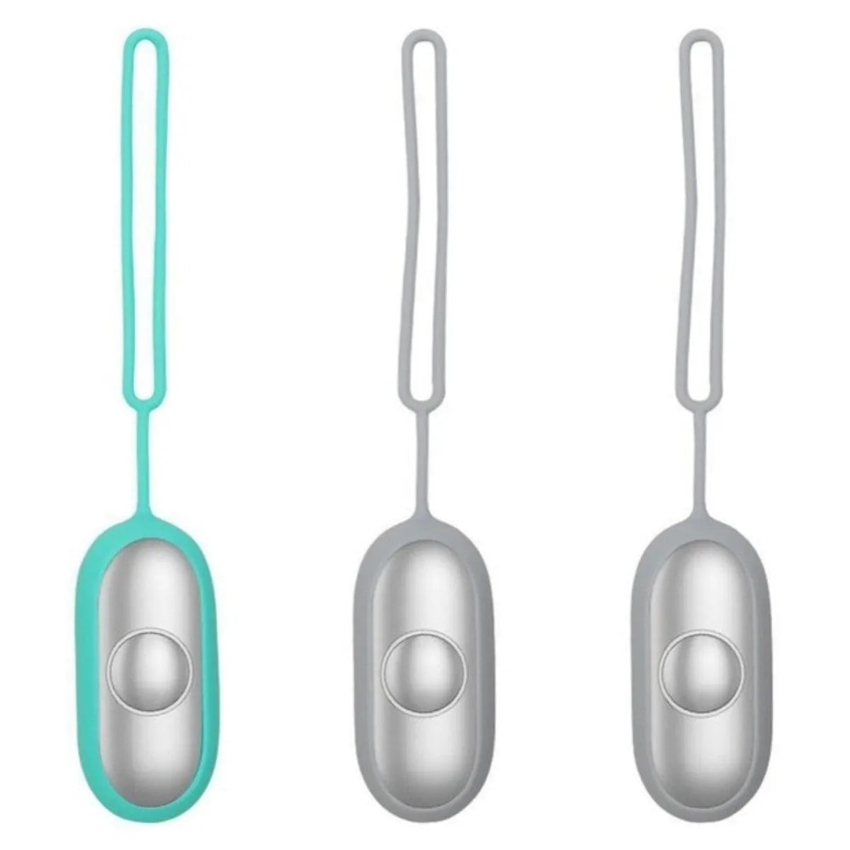 Handheld microcurrent sleep aid device with round control button in grey, green, or orange colours