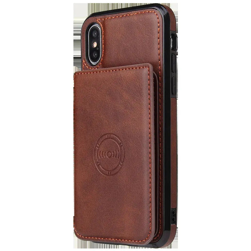 Imitation leather wallet phone case for iPhone 11 in a solid colour, showing card storage slots.
