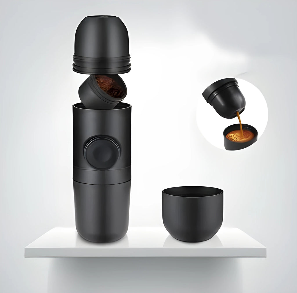 Compact black portable manual coffee machine for espresso, shown with dimensions 6cm by 17.5cm