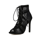 Black suede women's lace-up high heel shoes with an 11.5cm heel and 1cm front platform.