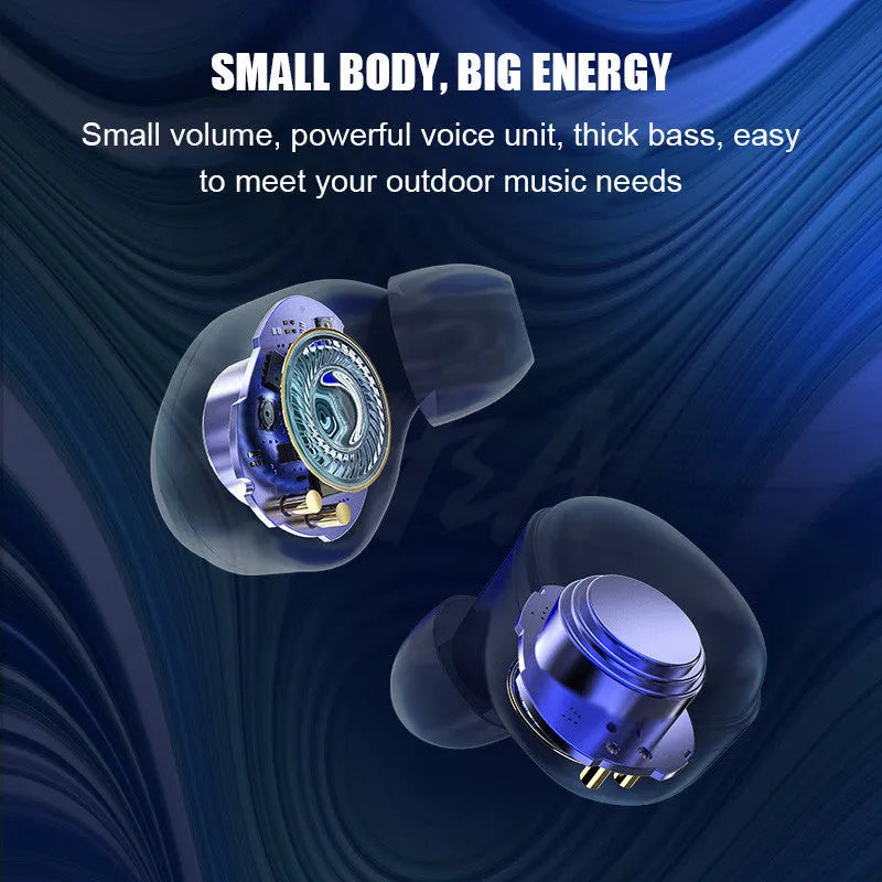 Black Bluetooth headset with earbuds and charging case showing 6mm speakers