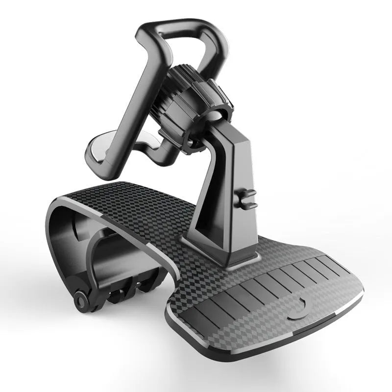 Black 360-degree rotating car phone holder with an adjustable width cradle on a car dashboard.