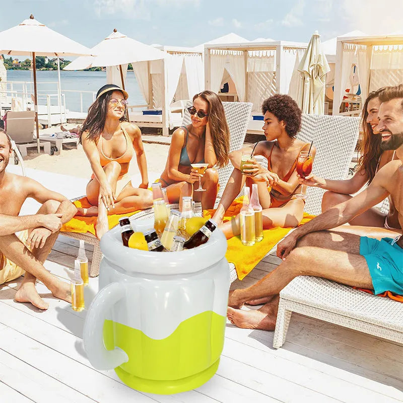 Yellow inflatable PVC ice bucket for portable drinks cooling at outdoor events