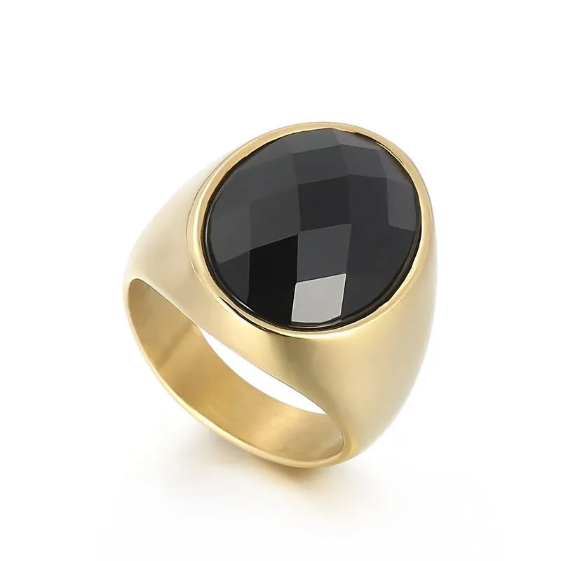 Retro titanium electroplated stainless steel geometric women's ring on white background