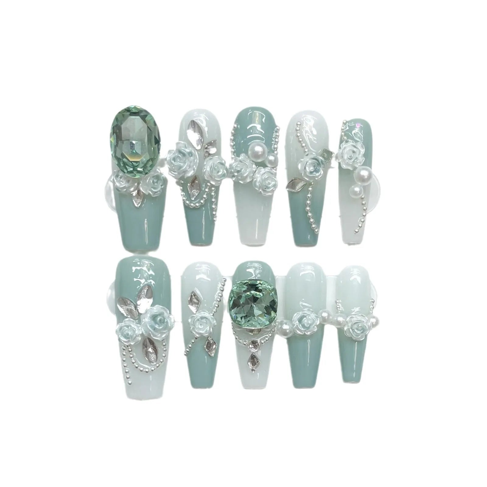 Green armour coloured full nail set with Camellia flower gradient chain, bow, and butterfly designs.