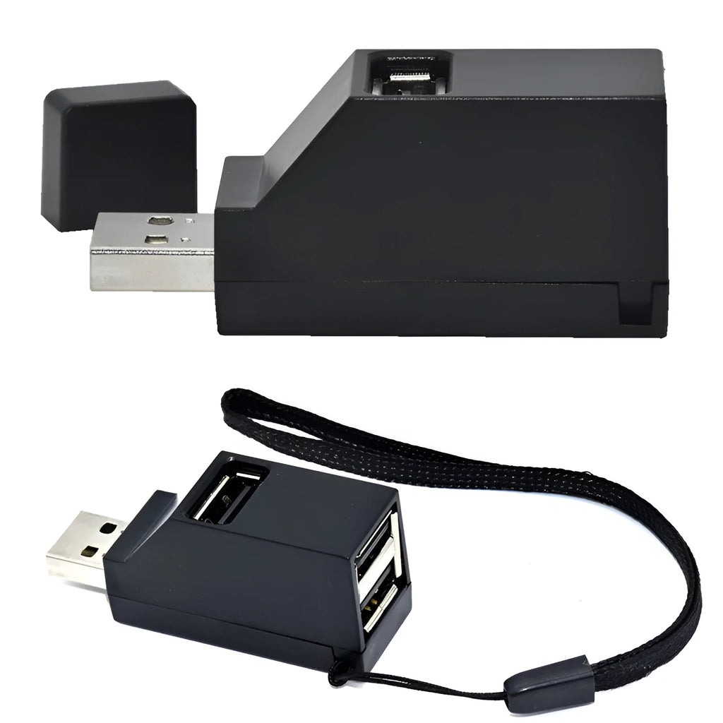 USB 2.0 mini portable splitter hub in black, model xcy-007h, with compact dimensions 5.5cm x 2.2cm x 1.2cm