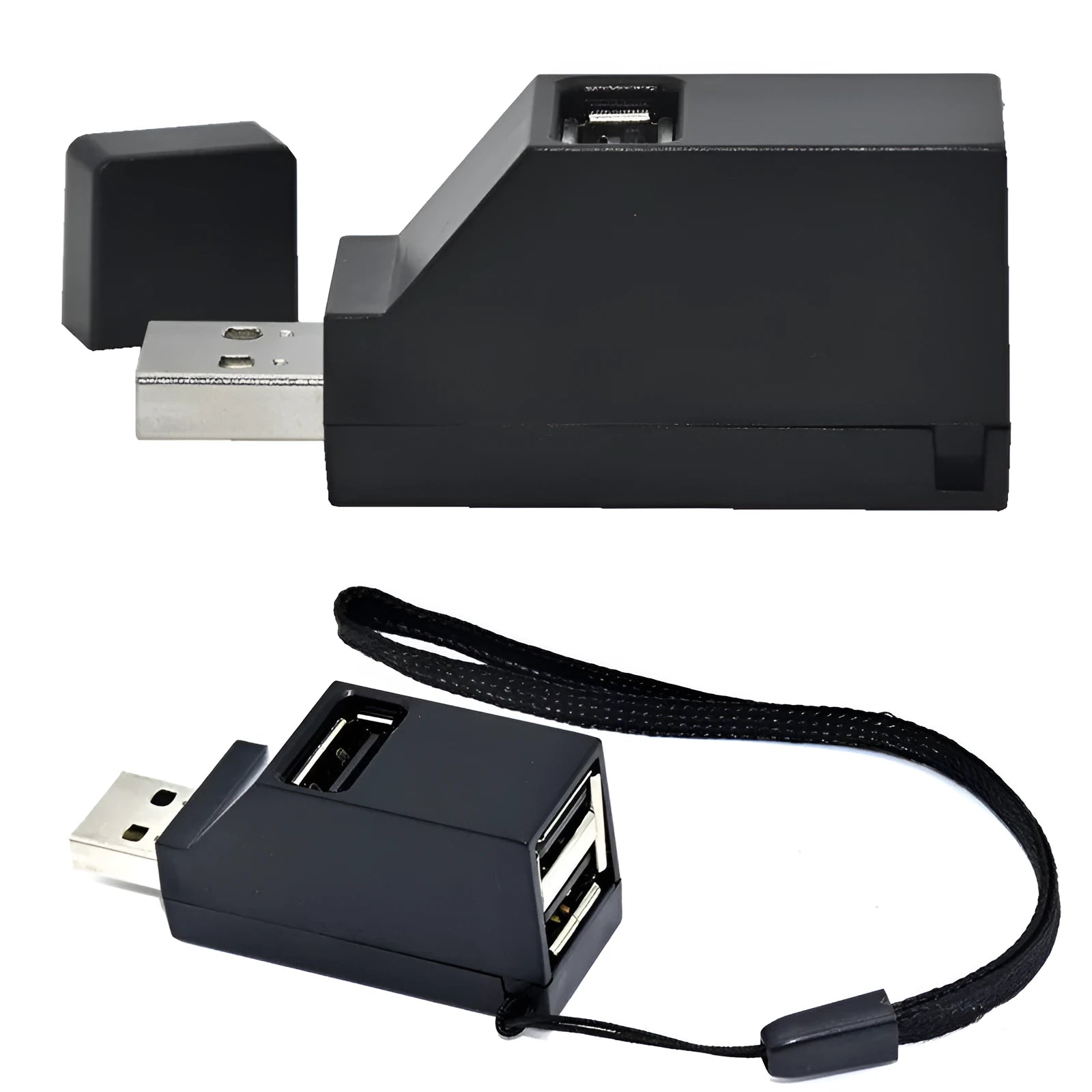 USB 2.0 mini portable splitter hub in black, model xcy-007h, with compact dimensions 5.5cm x 2.2cm x 1.2cm