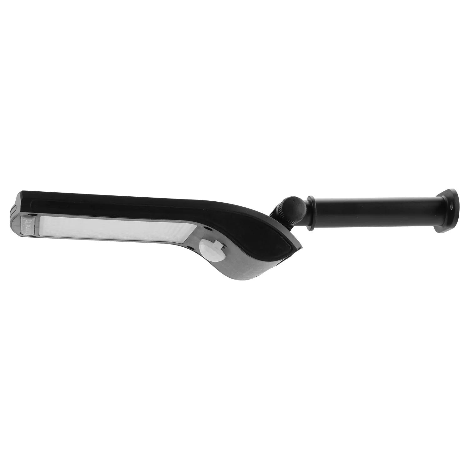 Black L808B solar wall light with diamond-pattern casing and adjustable pole mounted on an exterior wall.
