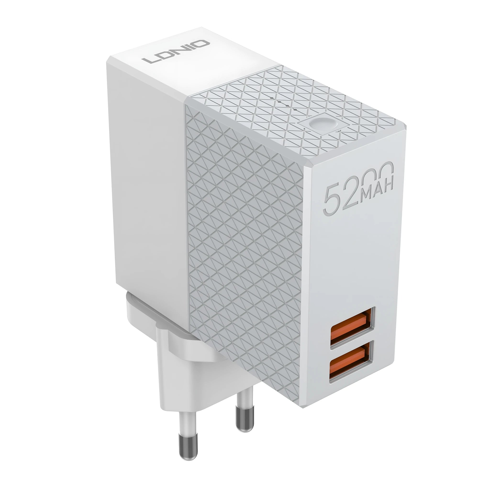 White mobile power bank charger with integrated plug showing UK, US and EU plug options