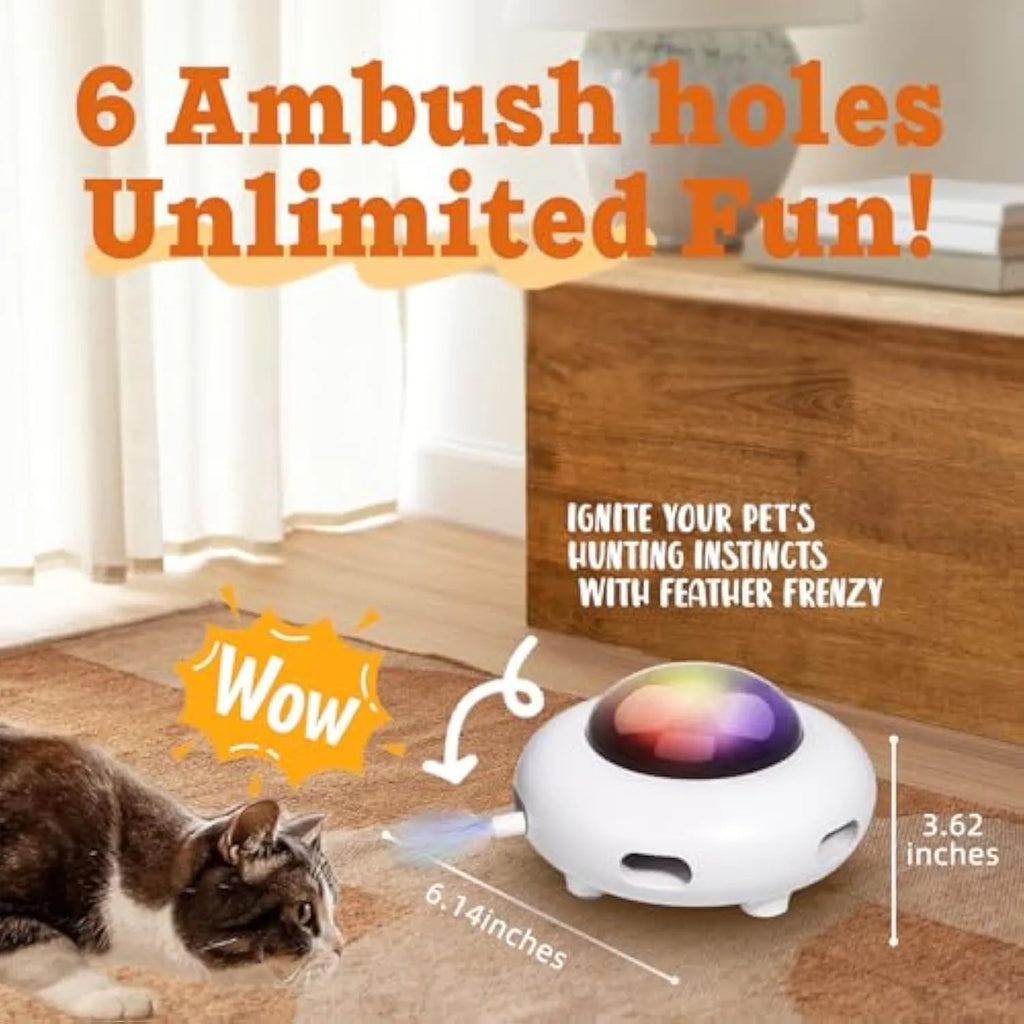White automatic interactive cat toy with colourful feathers and LED lights on a home floor.