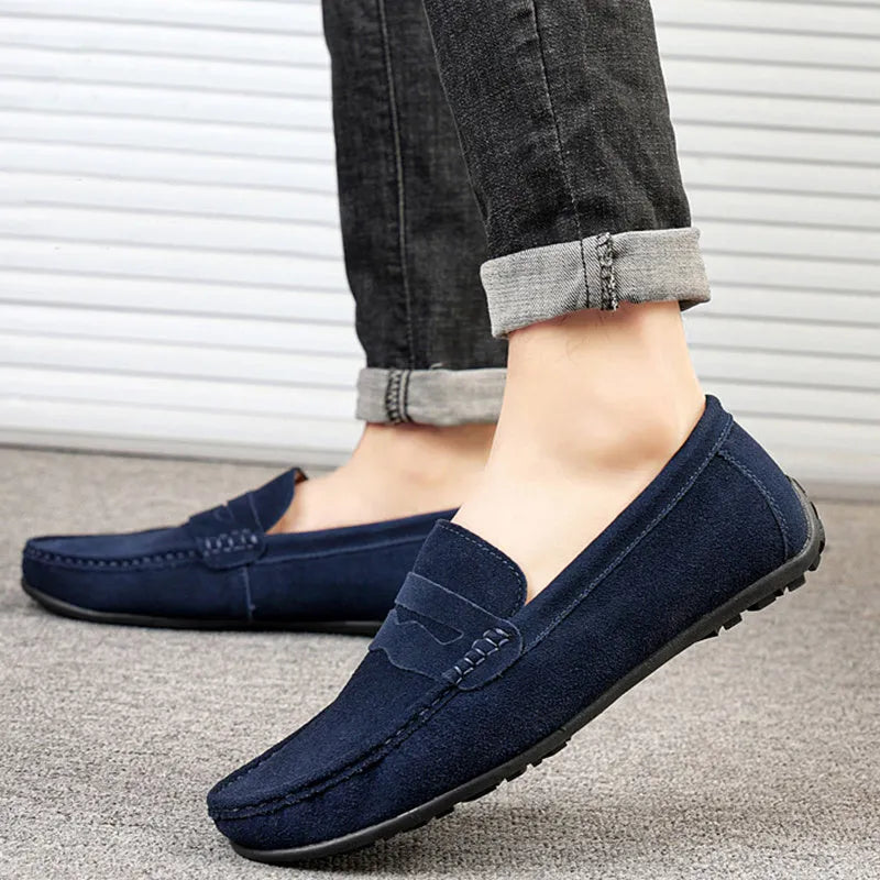 Men's suede leather loafers in solid colour with round toe and flat heel design