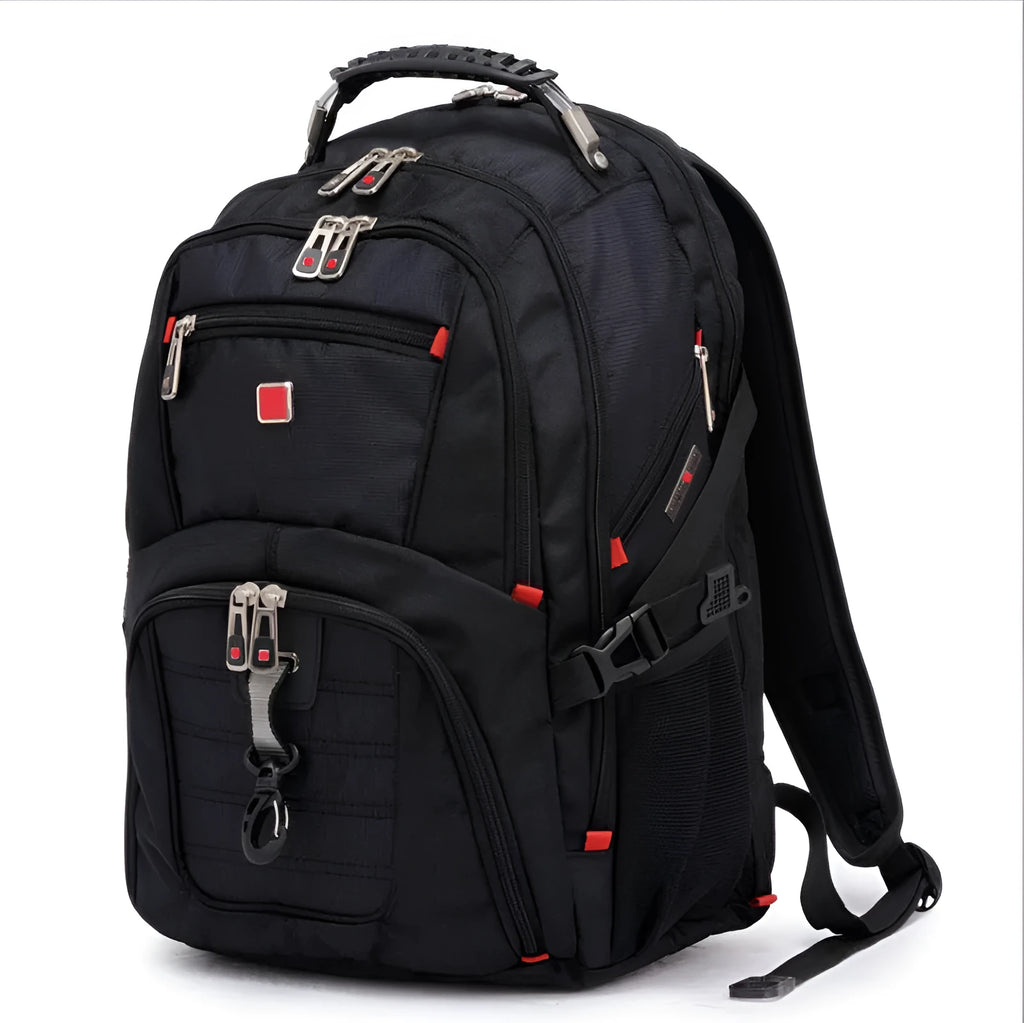 Black 38-litre business laptop backpack with multiple compartments open, showing organiser pockets.