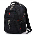 Black 38-litre business laptop backpack with multiple compartments open, showing organiser pockets.