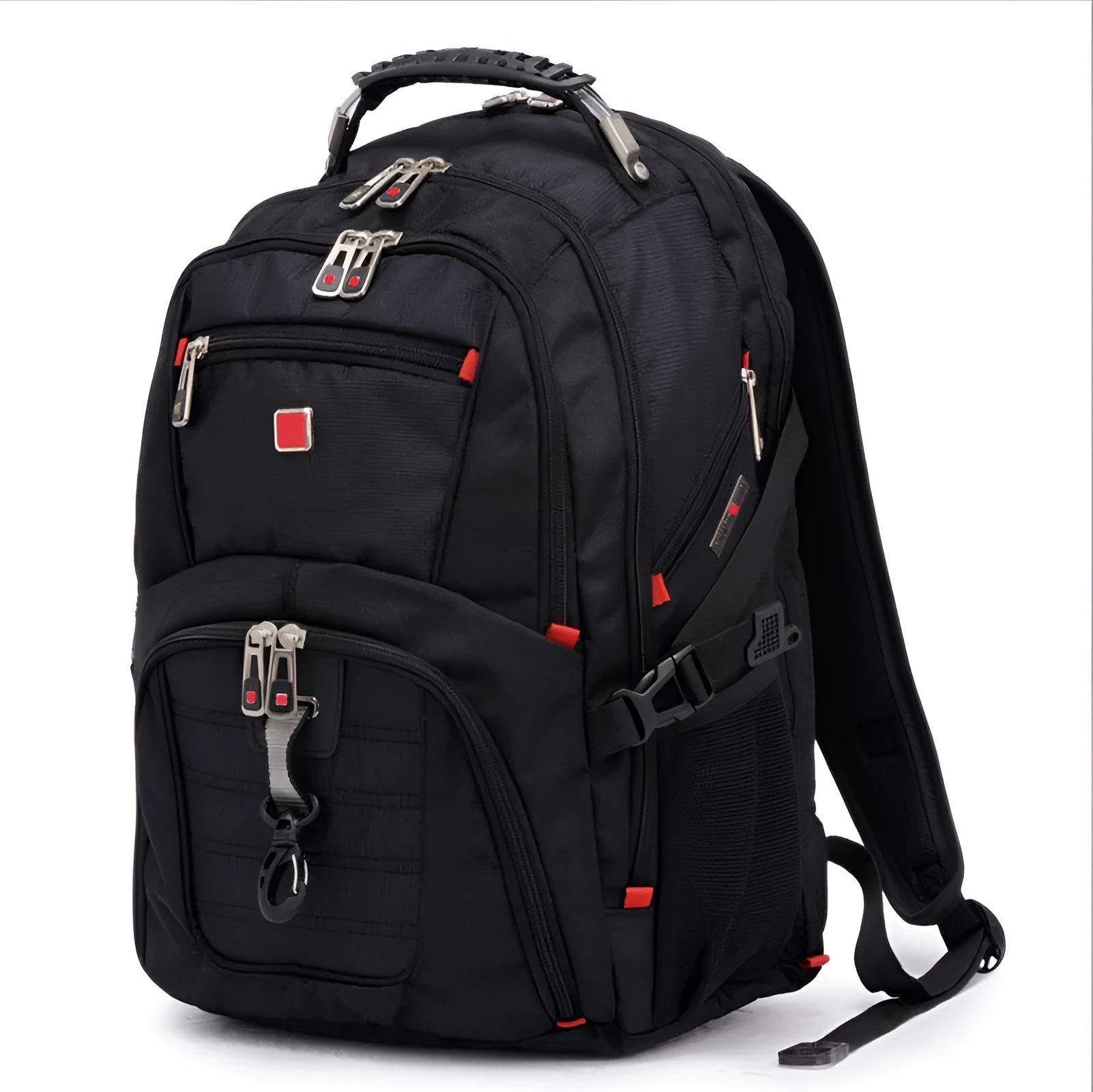 Black 38-litre business laptop backpack with multiple compartments open, showing organiser pockets.
