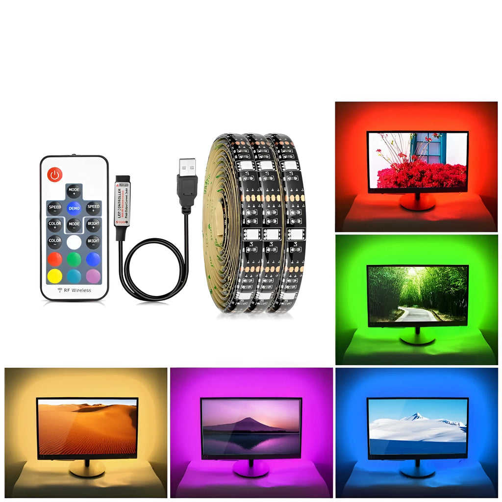 Flexible LED strip light with 30 LEDs per metre shown bent around a corner.