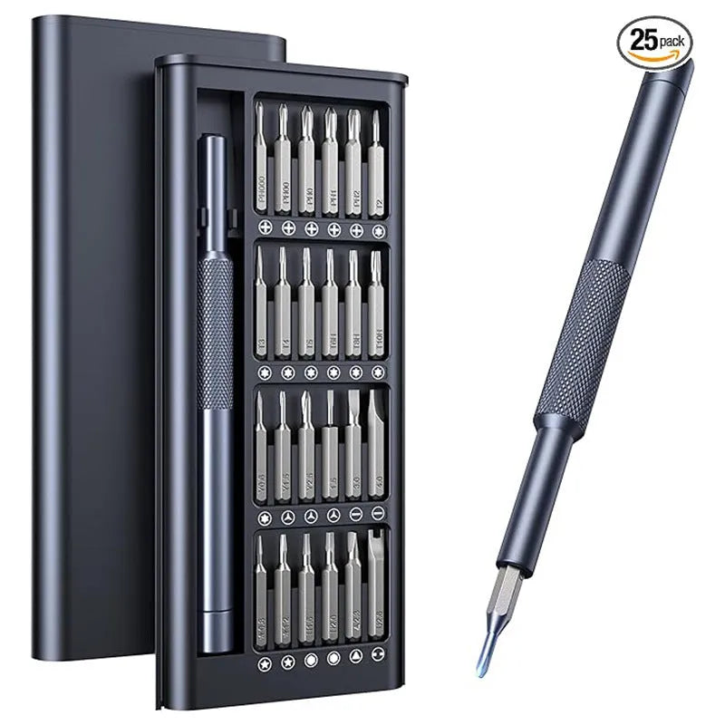 25-in-one magnetic screwdriver set with knurled handle, showing chrome vanadium steel bits.