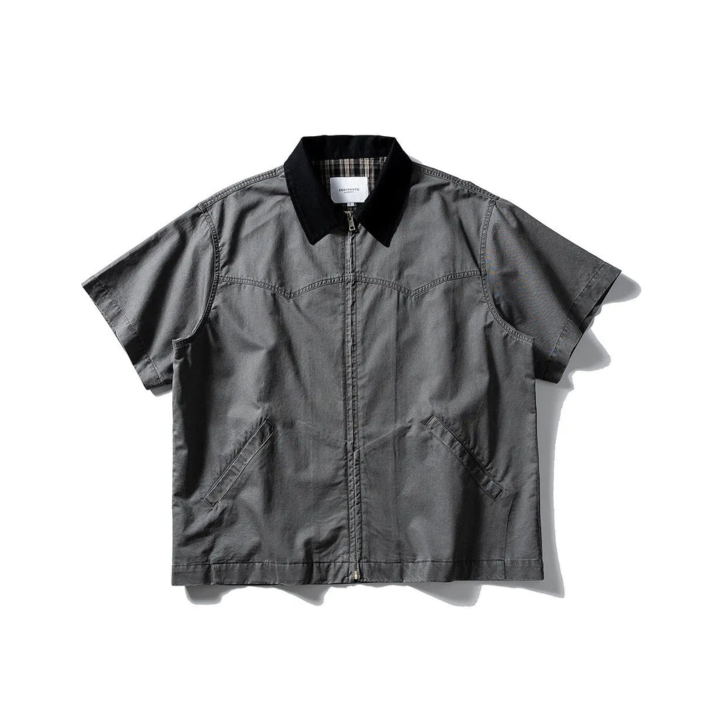 Men's washed cotton overalls shirt with short sleeves in loose cardigan style