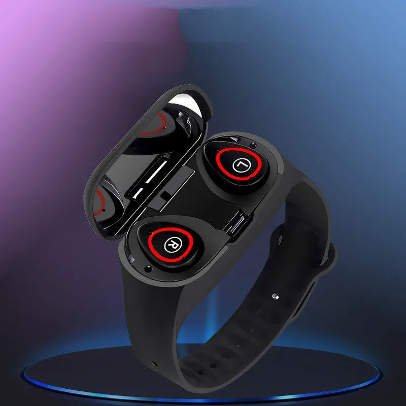 Black silicone smart fitness bracelet with integrated earphones and 1-inch touchscreen display