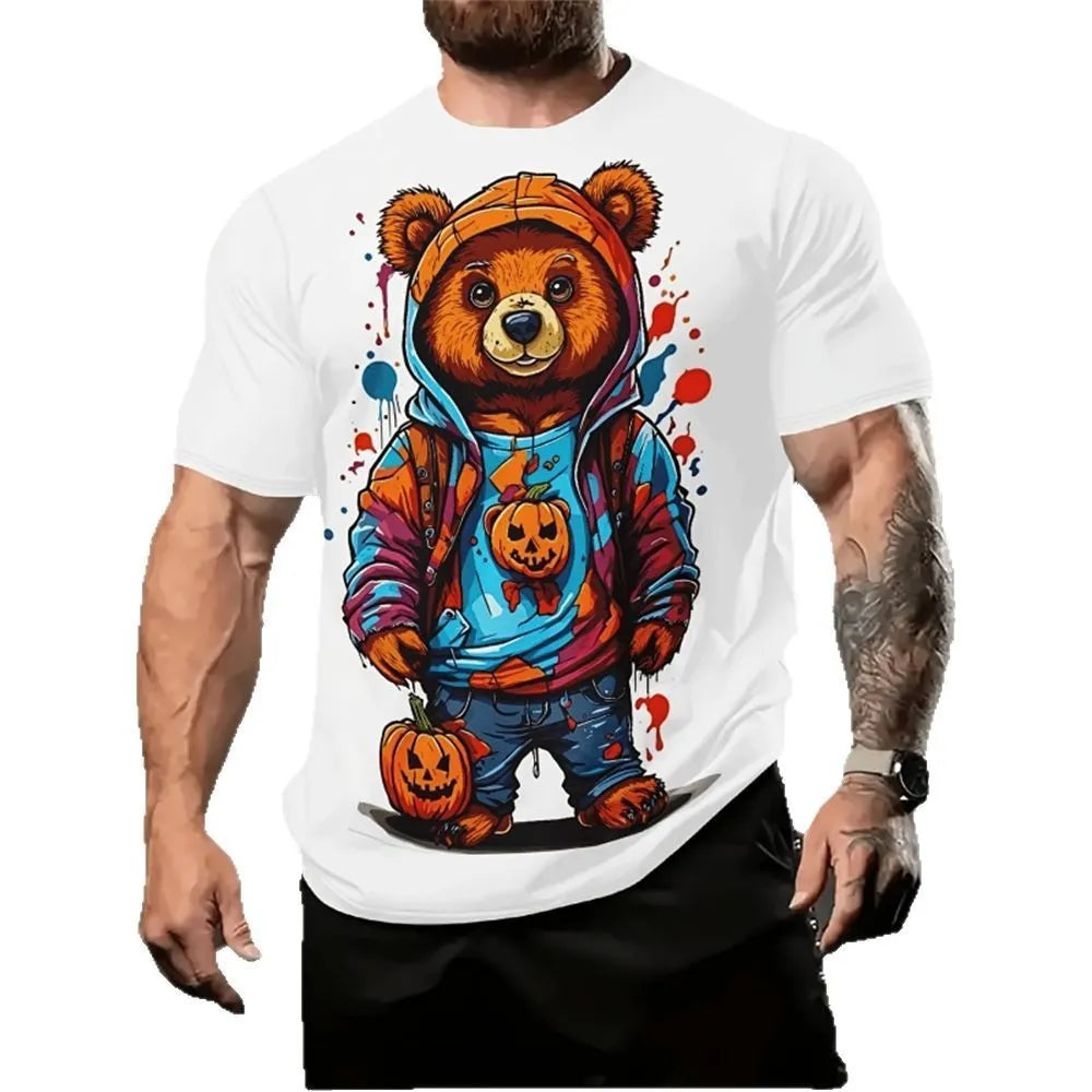 Men's 3D cartoon print linen blend short sleeve shirt in loose fit pullover style