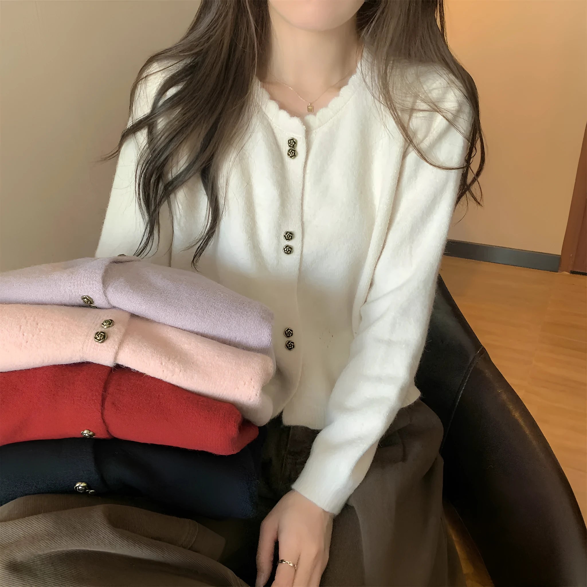 Women's long-sleeved acrylic cardigan coat in milky white, shown in a free size regular fit.