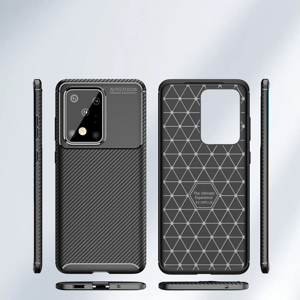 Solid colour TPU back case for Samsung Galaxy phone in black, blue, or brown.