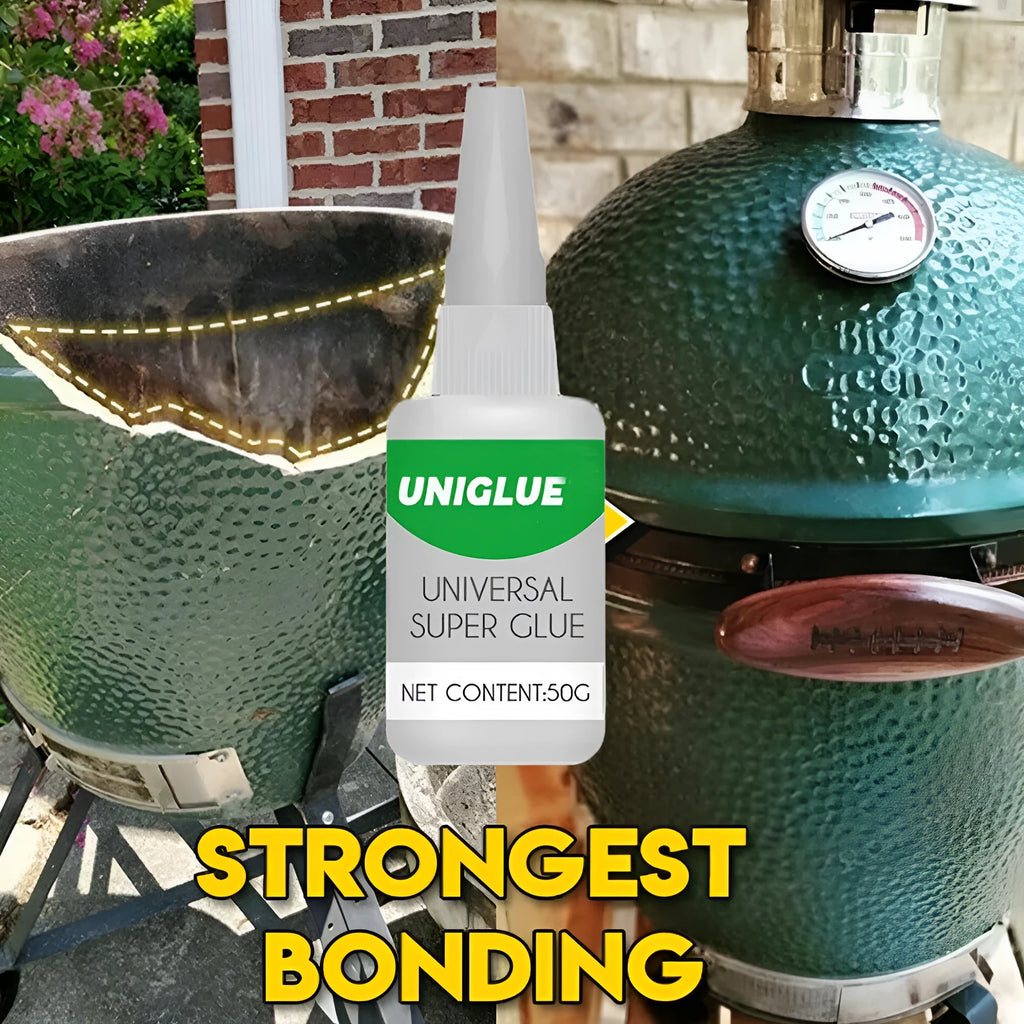 Uniglue Universal Super Glue tube with pin-point nozzle for no-drip application on various materials.