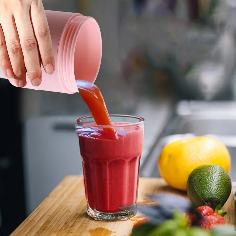 Blue and pink portable USB blender with telescopic design and 450ml silicone cup