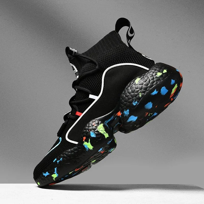 Men's camouflage patterned sneakers with mesh upper and rubber sole on a white background.