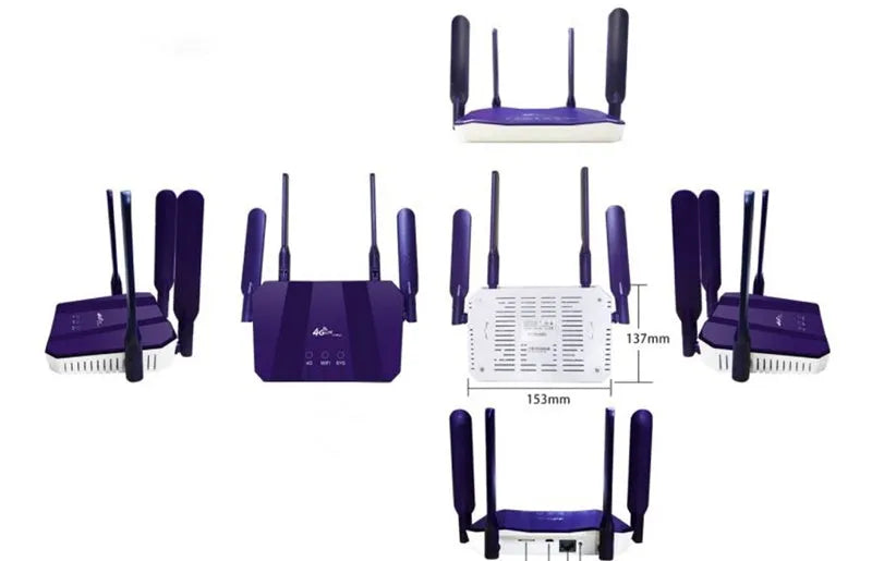 Blue 4G all netcom dual-mode wireless wired router with four external antennas.