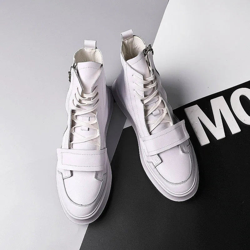 Black and white men's microfiber ankle boots with high-top sneaker design for winter wear