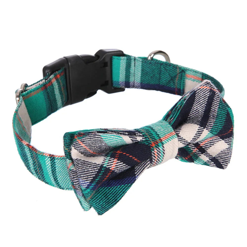 Pet bow collar grid pattern cloth blue, 2.0cm wide, size S, for dogs with neck circumference 31-39cm