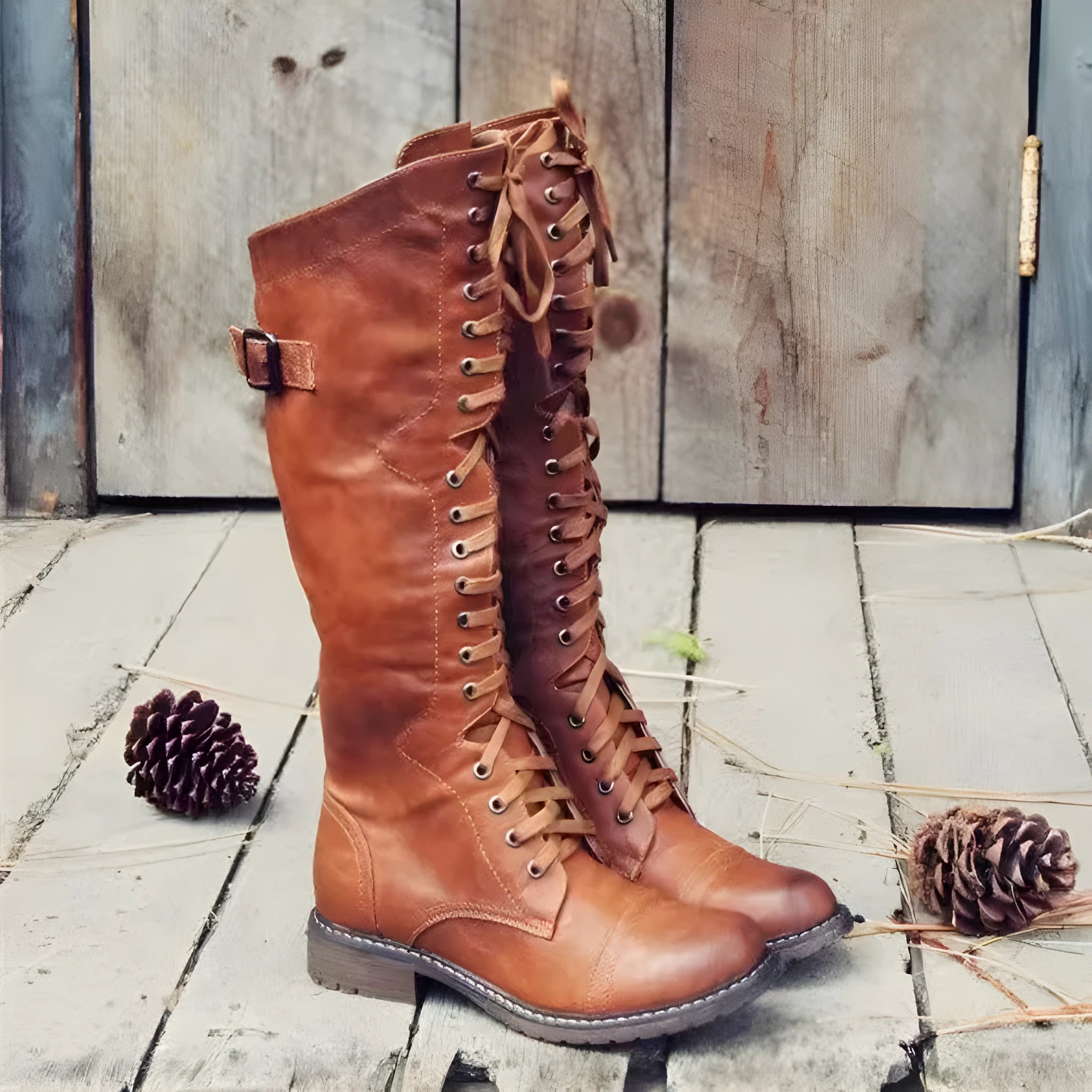 Black women's chunky heel high-leg casual boots with a round toe on a plain background.
