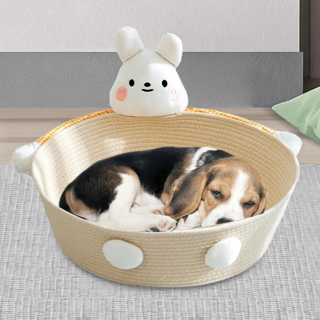 Woven cotton rope cat bed with integrated scratching surface in rabbit motif