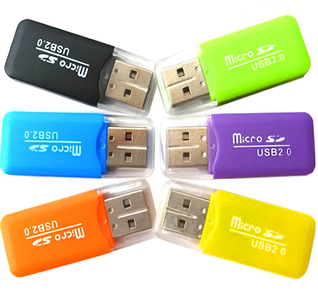 Mini USB memory card reader with slots for TF microSD and SD cards, shown with a 16GB microSD card.