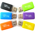 Mini USB memory card reader with slots for TF microSD and SD cards, shown with a 16GB microSD card.