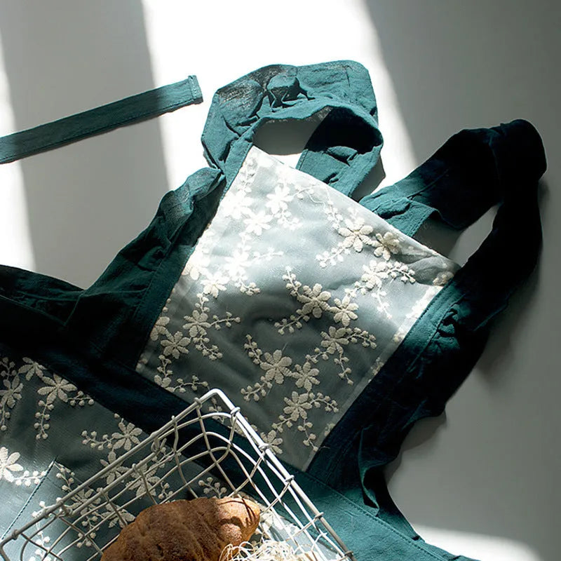 Minimalist cotton linen kitchen apron with X-strap design in solid colour