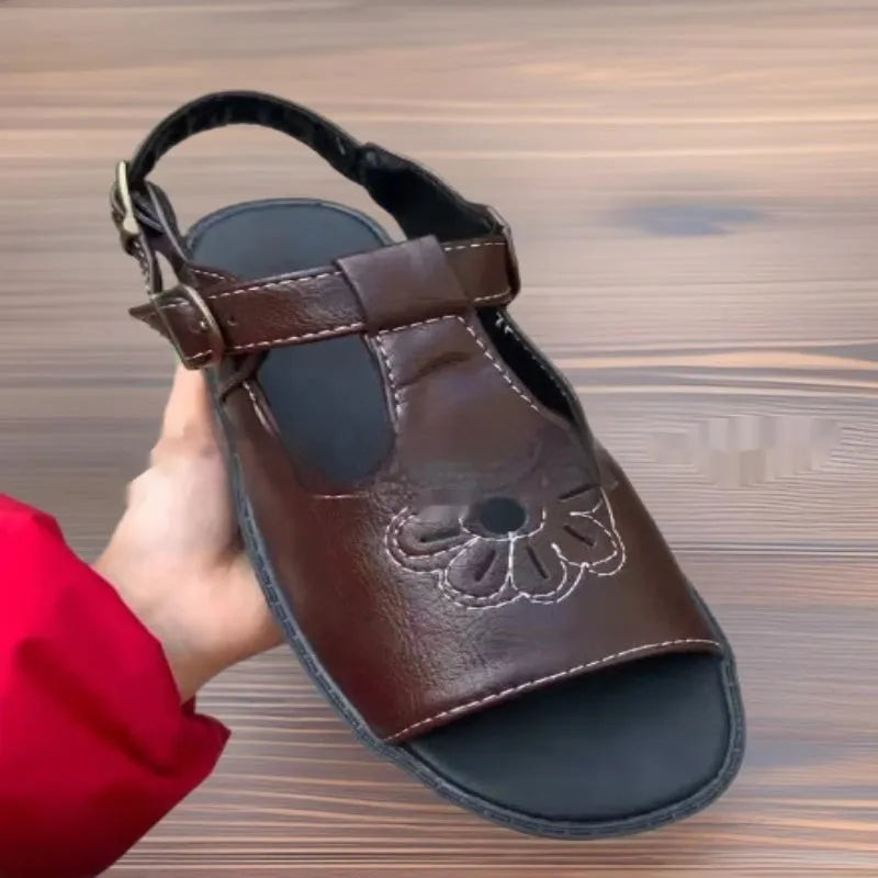 Men's black embroidered floral beach sandals with PU upper and flat heel