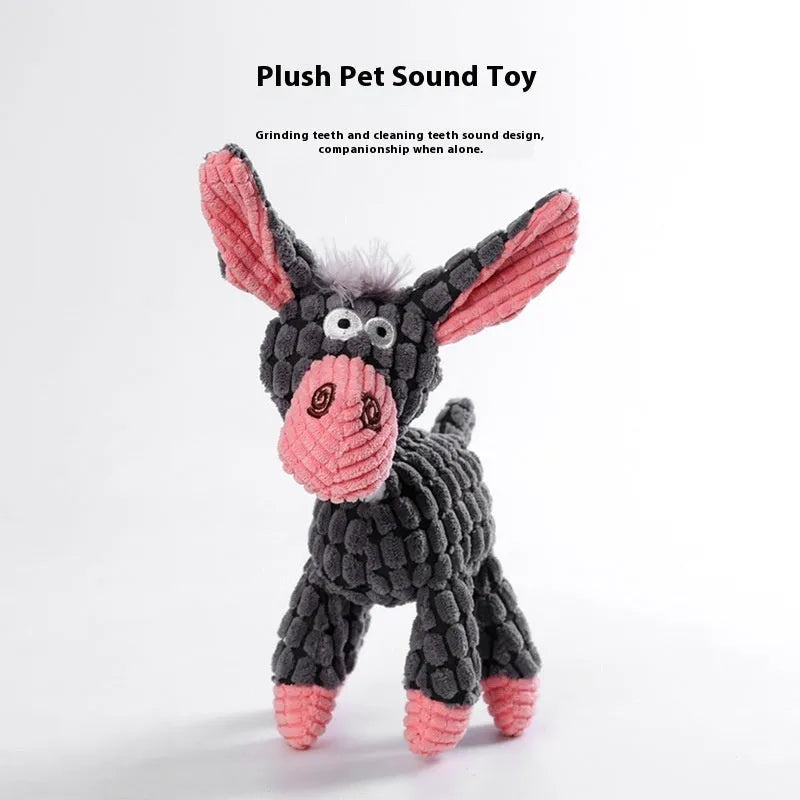 Assortment of plush puppy teething toys including a rechargeable duck, a multi-coloured donkey, an elephant, and a dog.