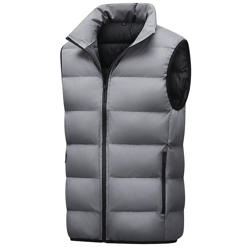 Men's casual waterproof polyester vest in black with straight hem, shown on model