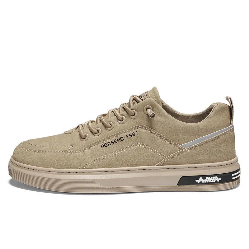 Men's low-top casual shoes with rubber sole and artificial PU upper in khaki, black, and grey colour options