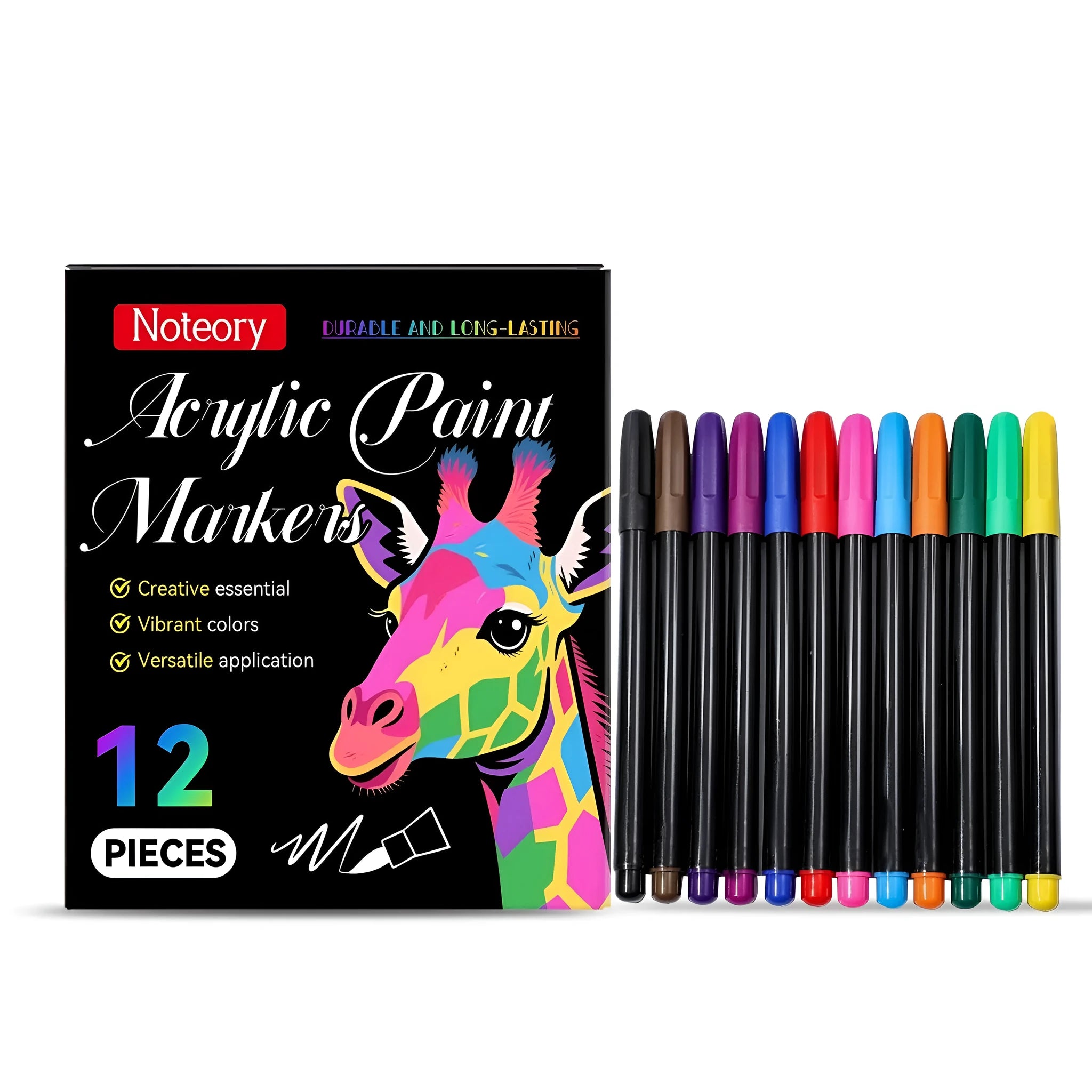 Pack of 12 acrylic paint markers with chisel tips for multi-surface art projects.