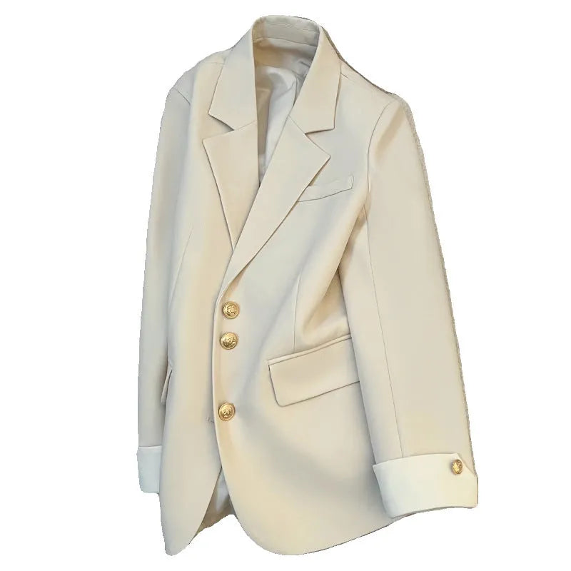 Korean style loose fit women's coat in milky white, shown with long sleeves and pockets.