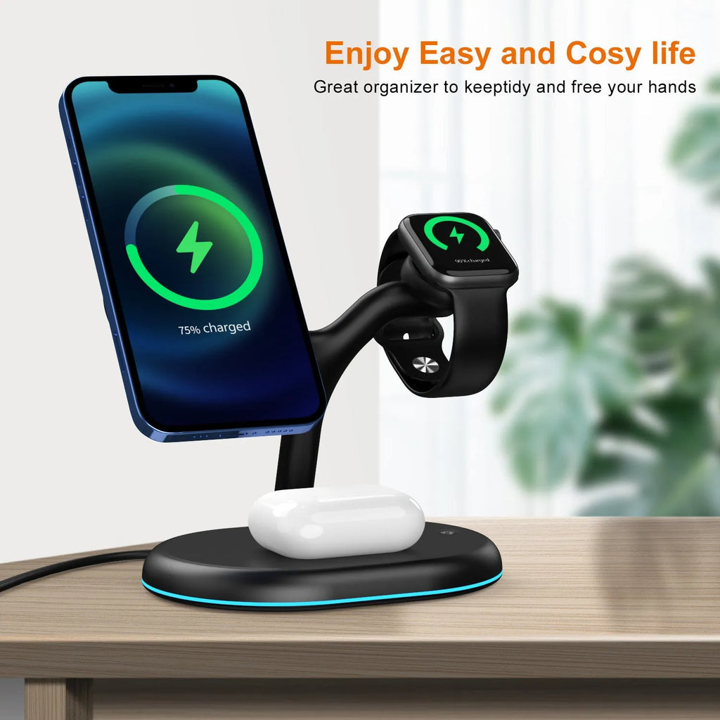 Black three-in-one magnetic wireless charging station for mobile phone, smartwatch, and wireless earbuds.
