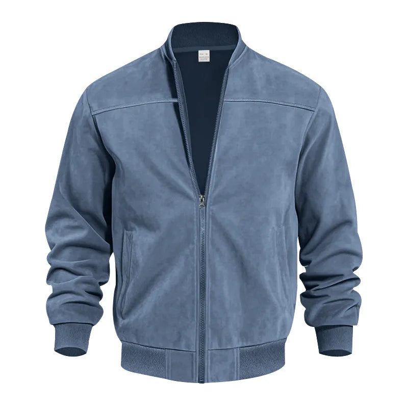 Men's plus size suede zip-front casual jacket shown in army green colour.