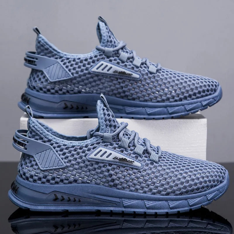 Men's beige mesh sneakers with lace-up design and low EVA sole