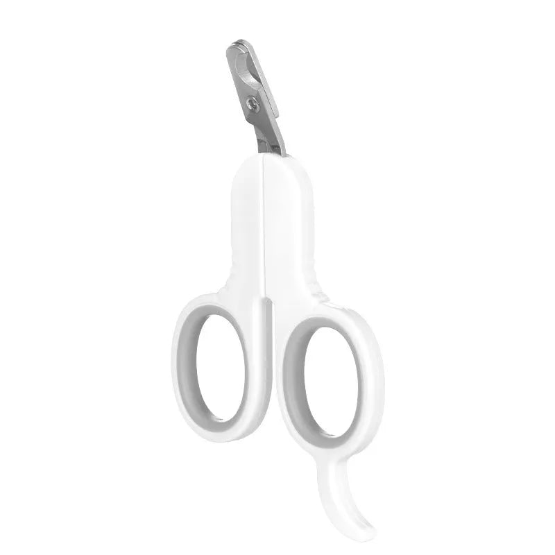 Grey and pink pet nail clippers with curved tips and rubber-coated handle for cats and small dogs.